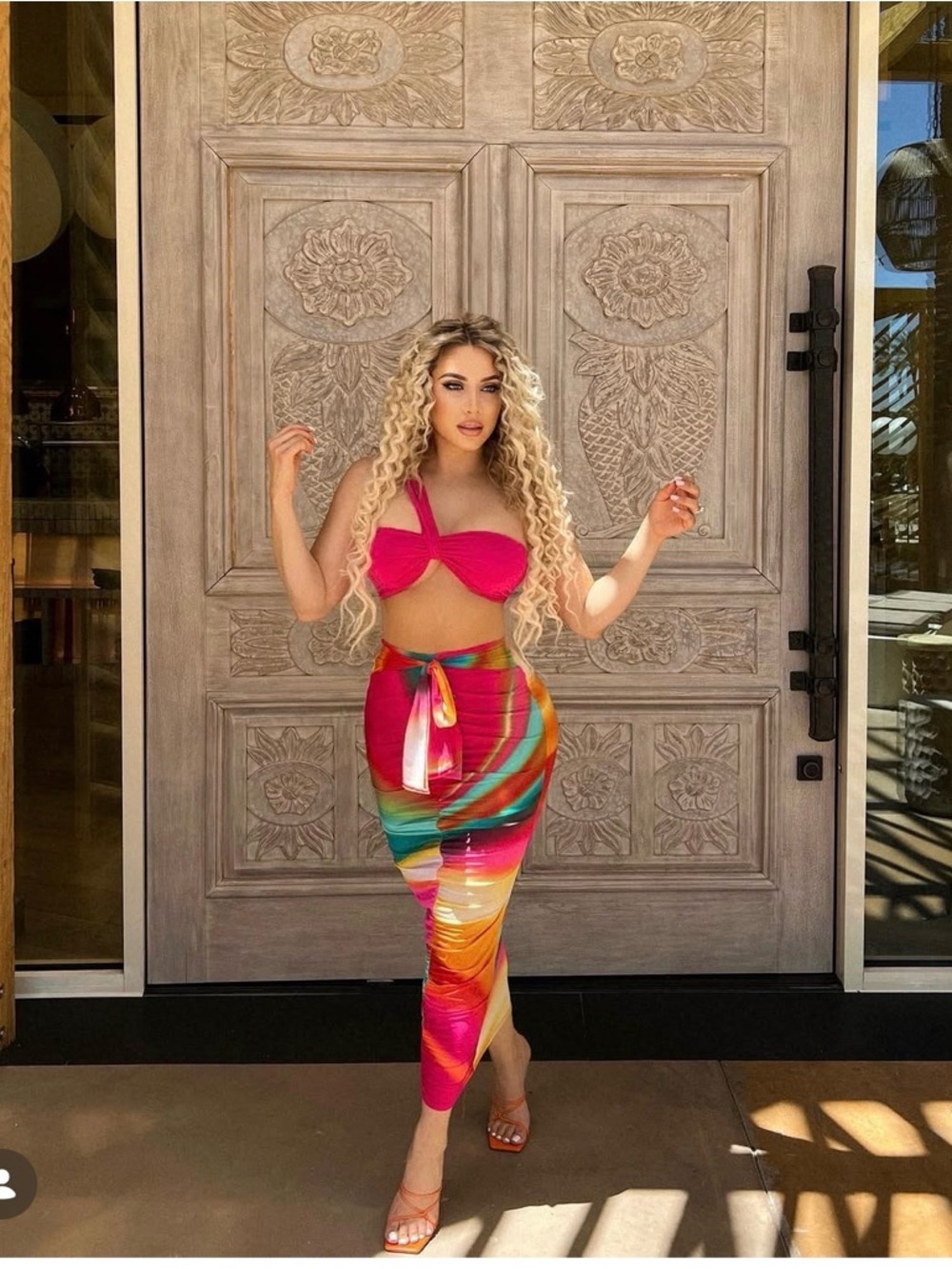 Hot Pink Twist Bikini Top with Multicolor Sarong Skirt